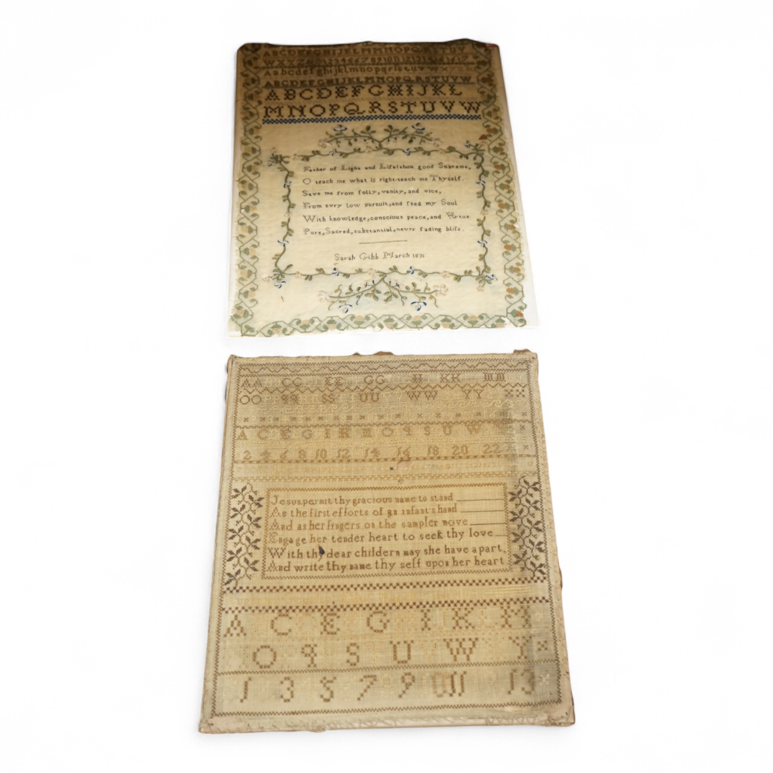 Two Victorian alphabet samplers to include one worked by Sarah Gibb, March 1831, unframed, largest 39cm high